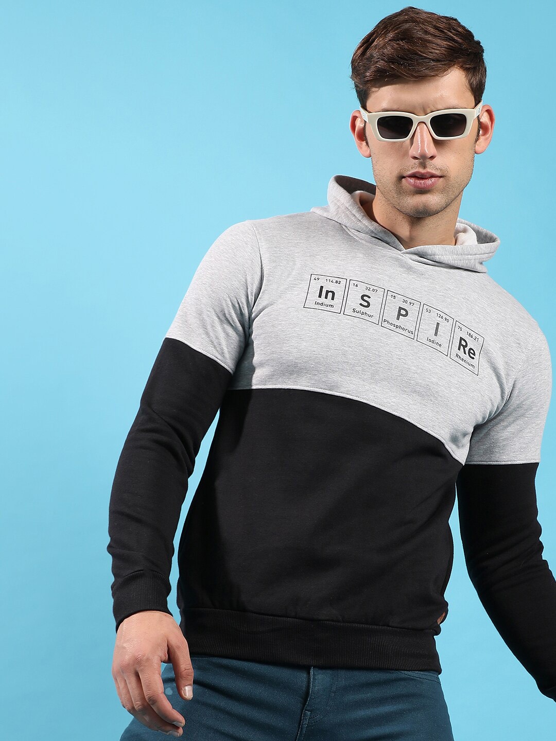 

Campus Sutra Colourblocked Hooded Cotton Pullover, Grey