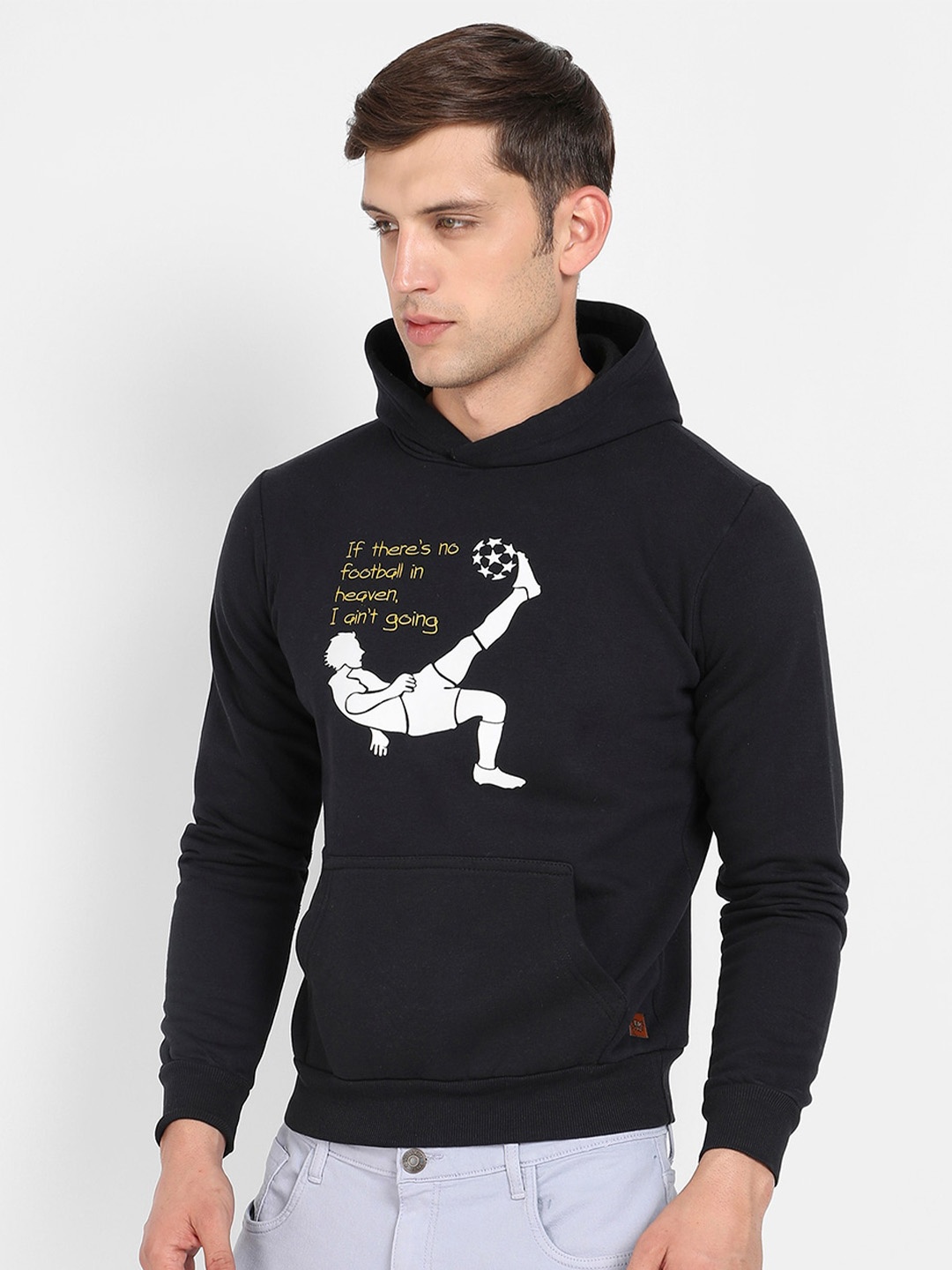 

Campus Sutra Black Graphic Printed Hooded Cotton Pullover Sweatshirt