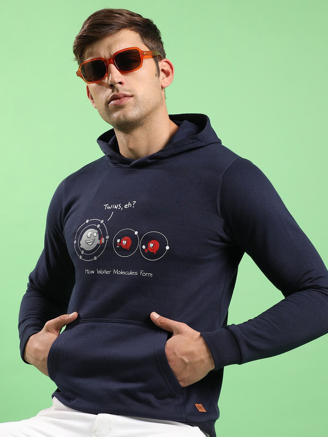 

Campus Sutra Navy Blue Typography Printed Hooded Cotton Pullover Sweatshirt