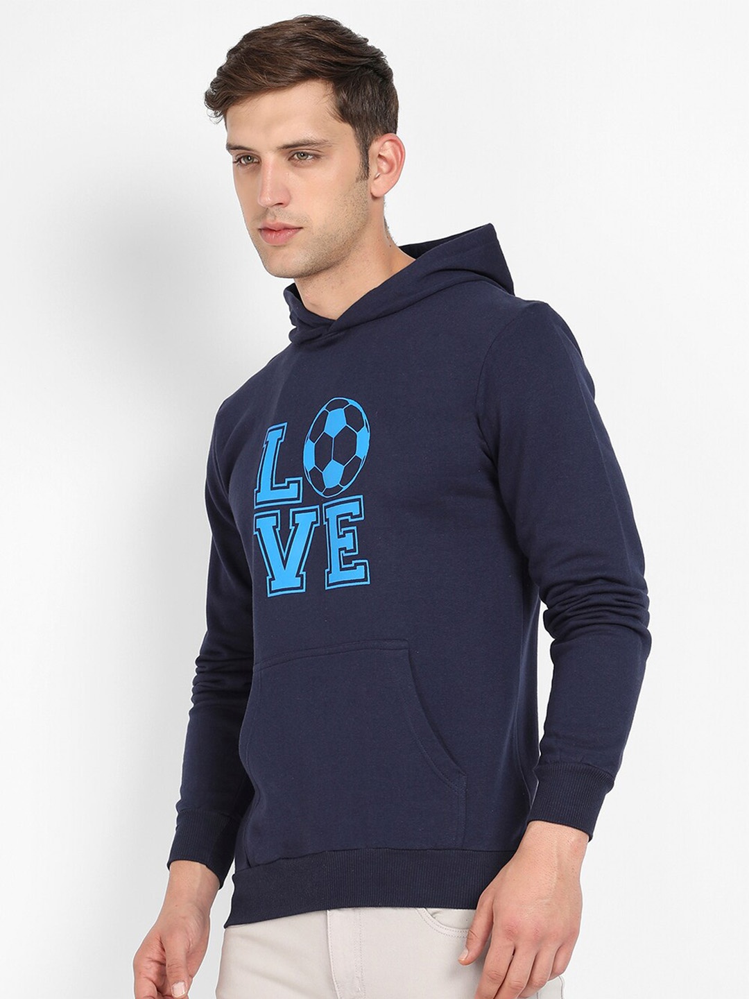 

Campus Sutra Navy Blue Typography Printed Hooded Cotton Pullover Sweatshirt