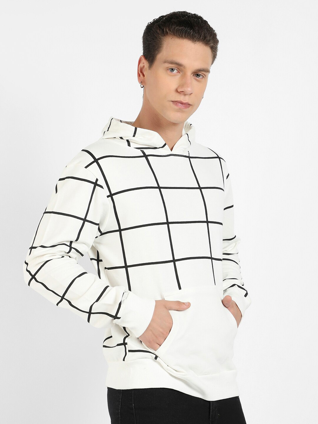 

Campus Sutra White Checked Hooded Cotton Pullover Sweatshirt