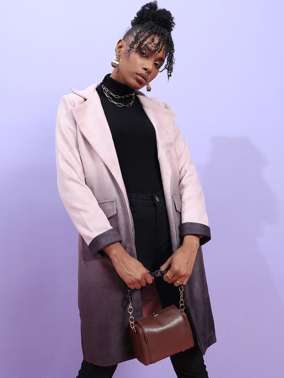 

Campus Sutra Ombre-Dyed Suede Open-Front Longline Overcoat, Pink