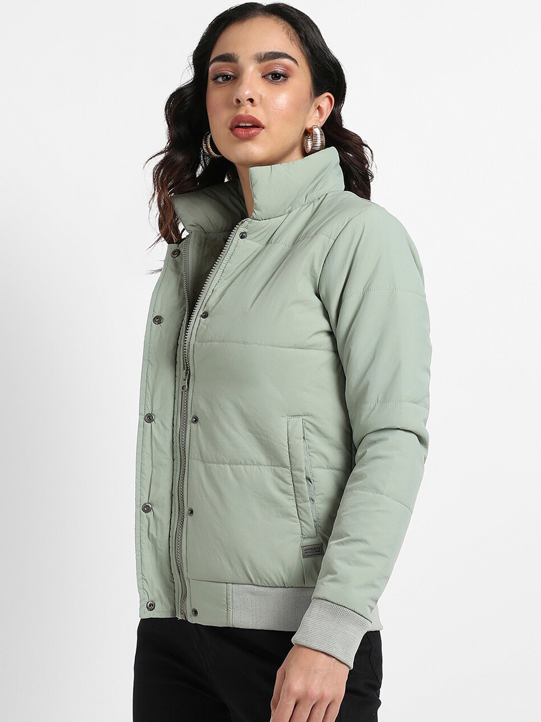 

Campus Sutra Stand Collar Long Sleeve Windcheater Bomber Jacket, Green