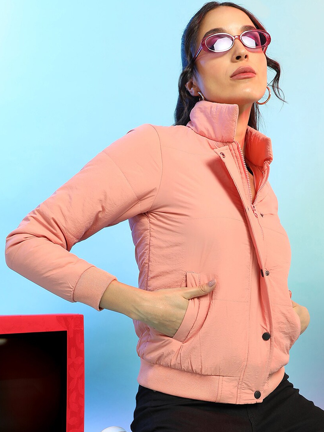 

Campus Sutra Stand Collar Long Sleeve Windcheater Bomber Jacket, Pink