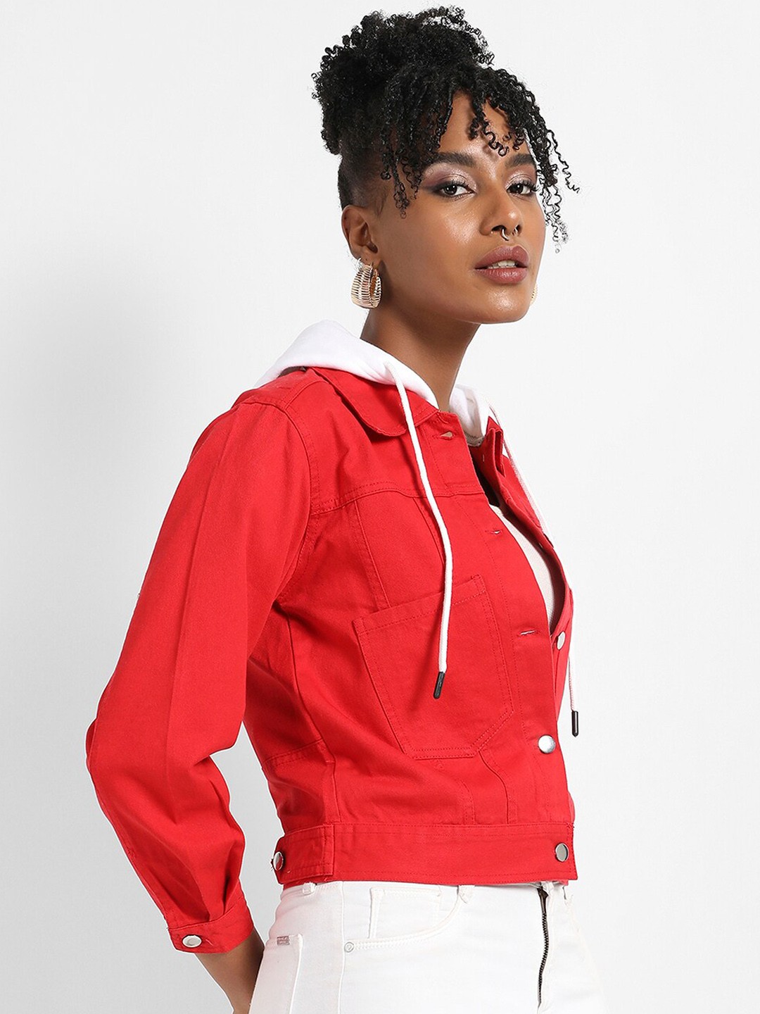 

Campus Sutra Hooded Windcheater Pocket Cotton Denim Jacket, Red