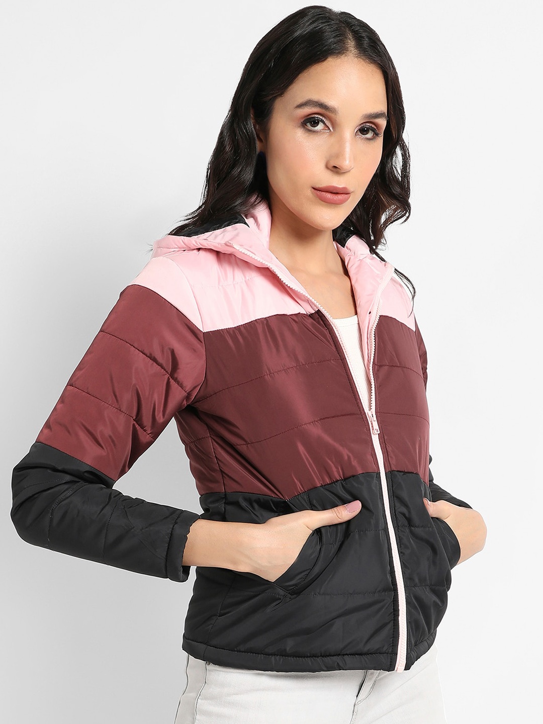 

Campus Sutra Colourblocked Hooded Long Sleeve Windcheater Padded Jacket, Brown