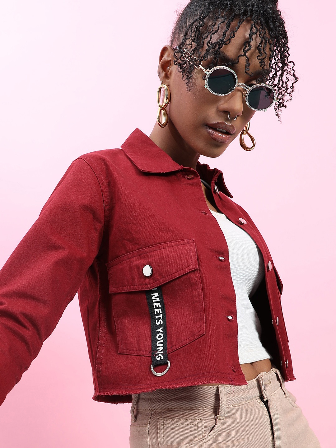 

Campus Sutra Windcheater Spread Collar Cotton Crop Tailored Jacket, Maroon