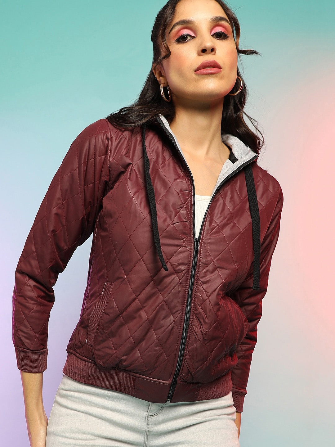 

Campus Sutra Windcheater Hooded Quilted Jacket, Brown