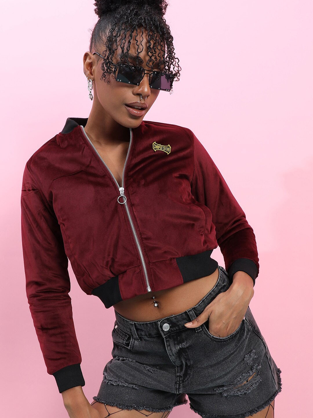 

Campus Sutra Maroon Velvet Windcheater Bomber Jacket