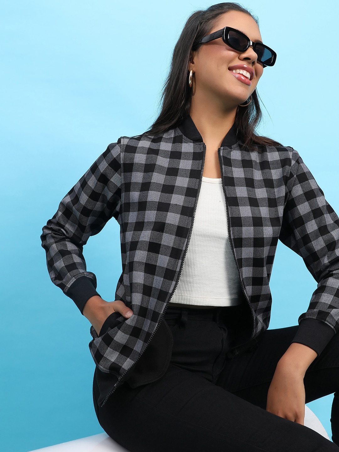 

Campus Sutra Women Black Checked Windcheater Crop Outdoor Bomber with Patchwork Jacket