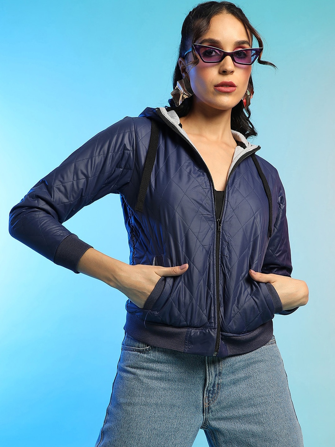 

Campus Sutra Hooded Windcheater Crop Quilted Jacket, Blue