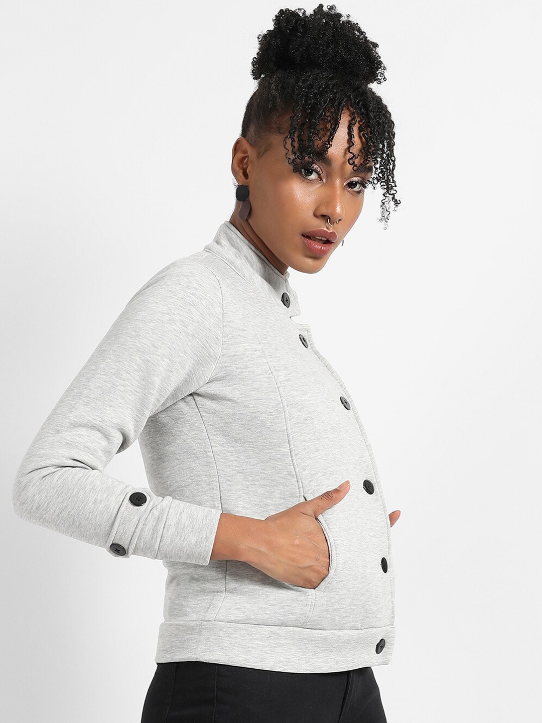 

Campus Sutra Band Collar Windcheater Cotton Tailored Jacket, Grey