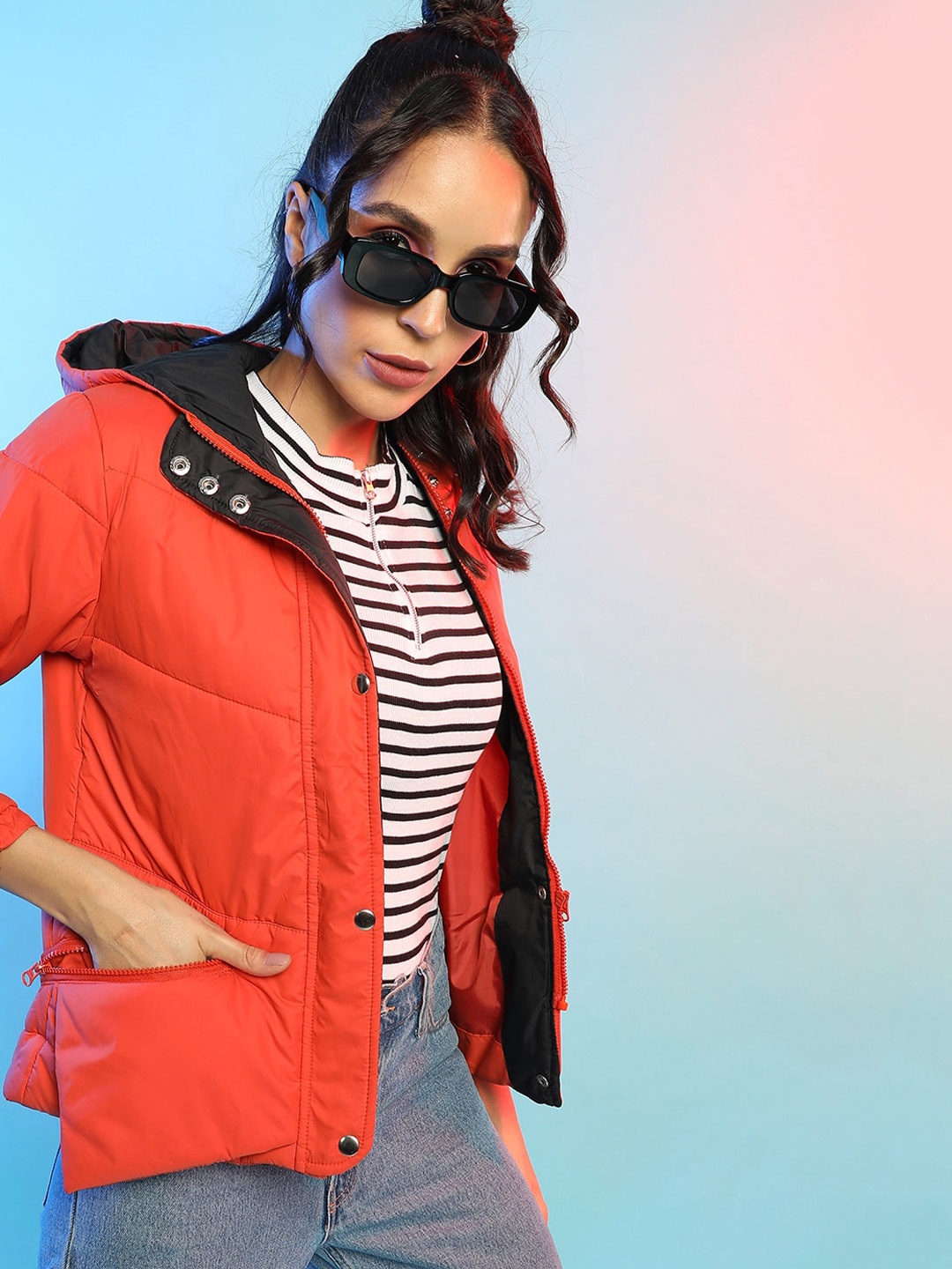 Campus Sutra Orange Hooded Windcheater Puffer Jacket