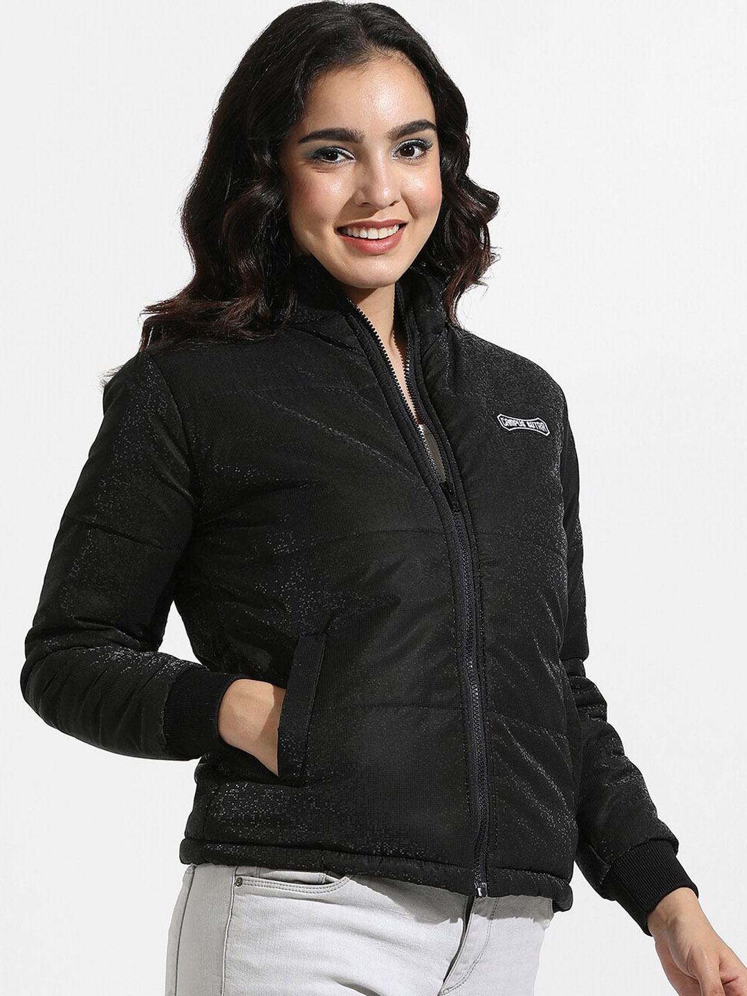 

Campus Sutra Black Self Design Windcheater Padded Jacket