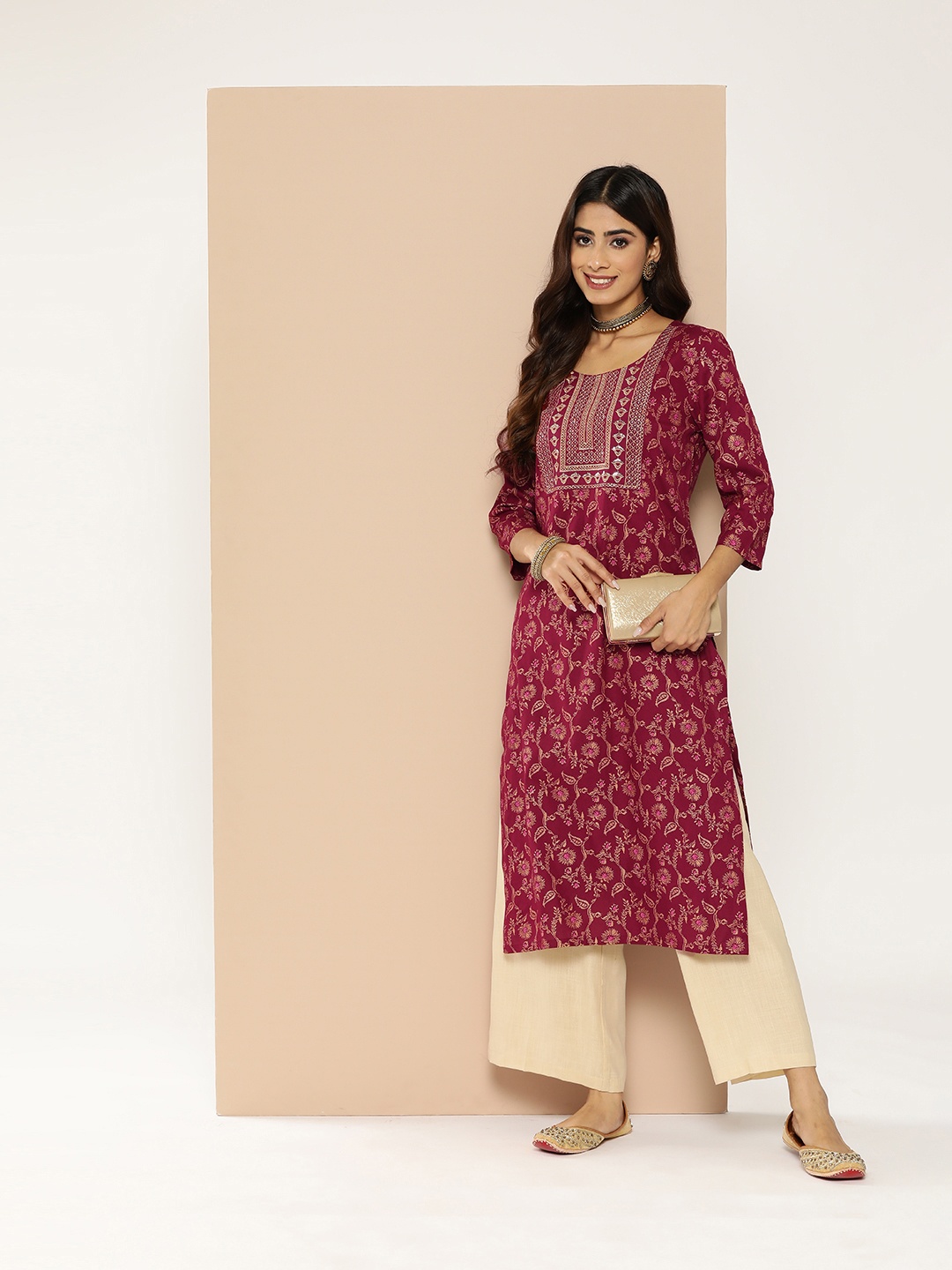HERE&NOW Floral Embroidered Sequinned Kurta, Maroon