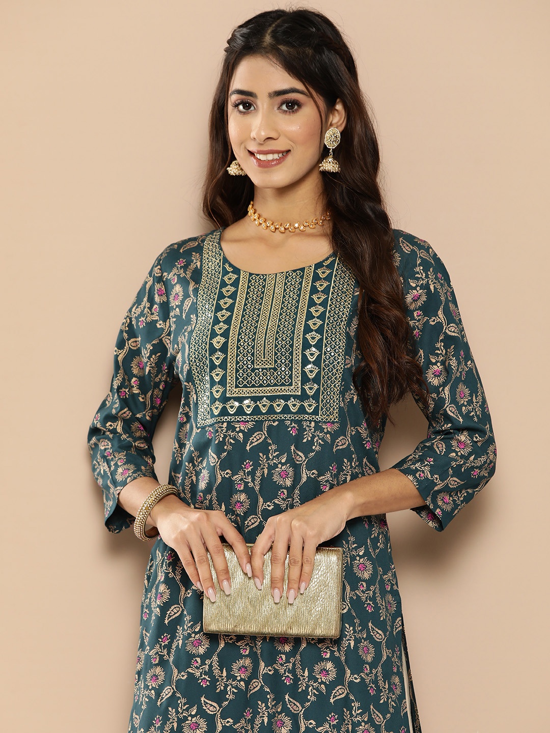 

HERE&NOW Floral Sequinned Kurta, Teal