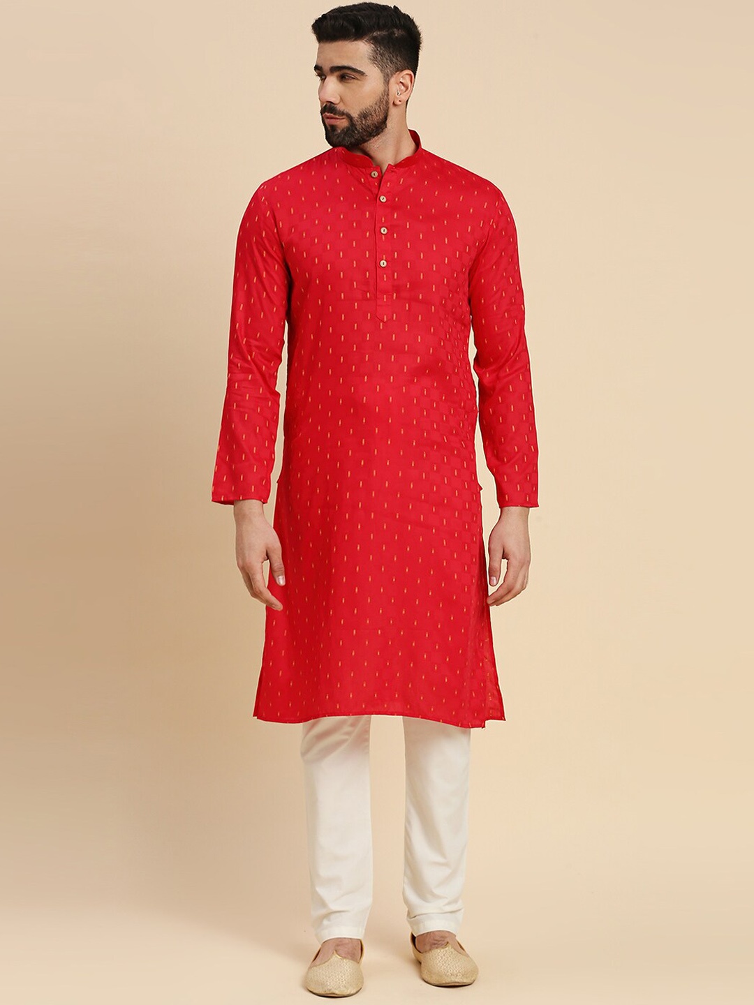 

RAJUBHAI HARGOVINDAS Geometric Woven Design Mandarin Collar Cotton Straight Kurta, Red