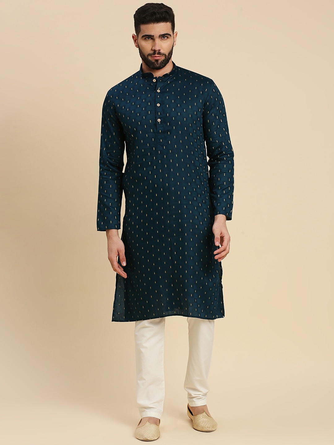 

RAJUBHAI HARGOVINDAS Geometric Woven Design Mandarin Collar Cotton Straight Kurta, Navy blue
