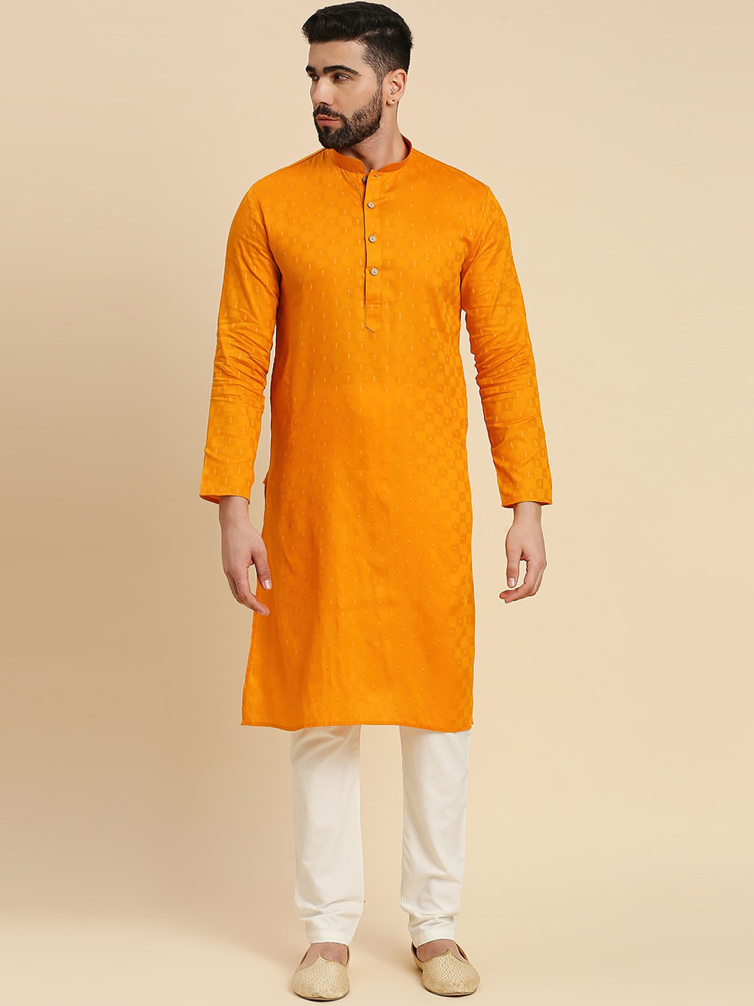 

RAJUBHAI HARGOVINDAS Geometric Woven Design Mandarin Collar Cotton Straight Kurta, Yellow