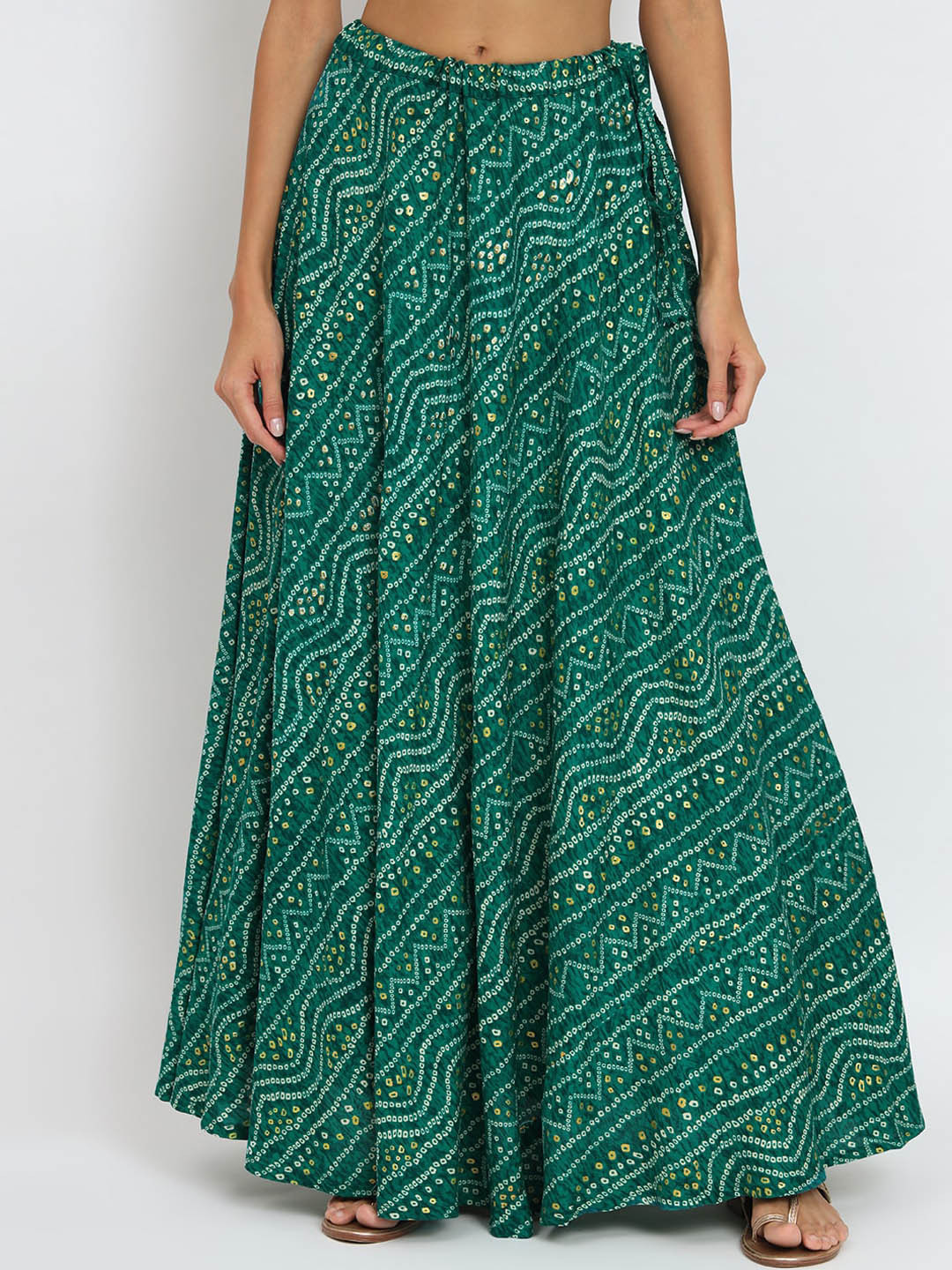

studio rasa Bandhani Printed Flared Maxi Skirt, Green