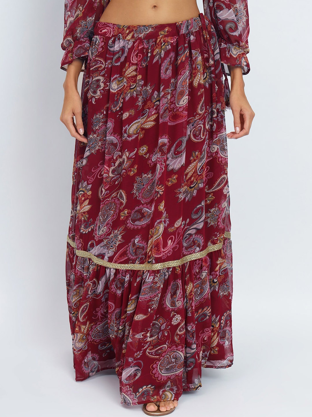 

studio rasa Paisley Printed Flared Maxi Skirt, Maroon