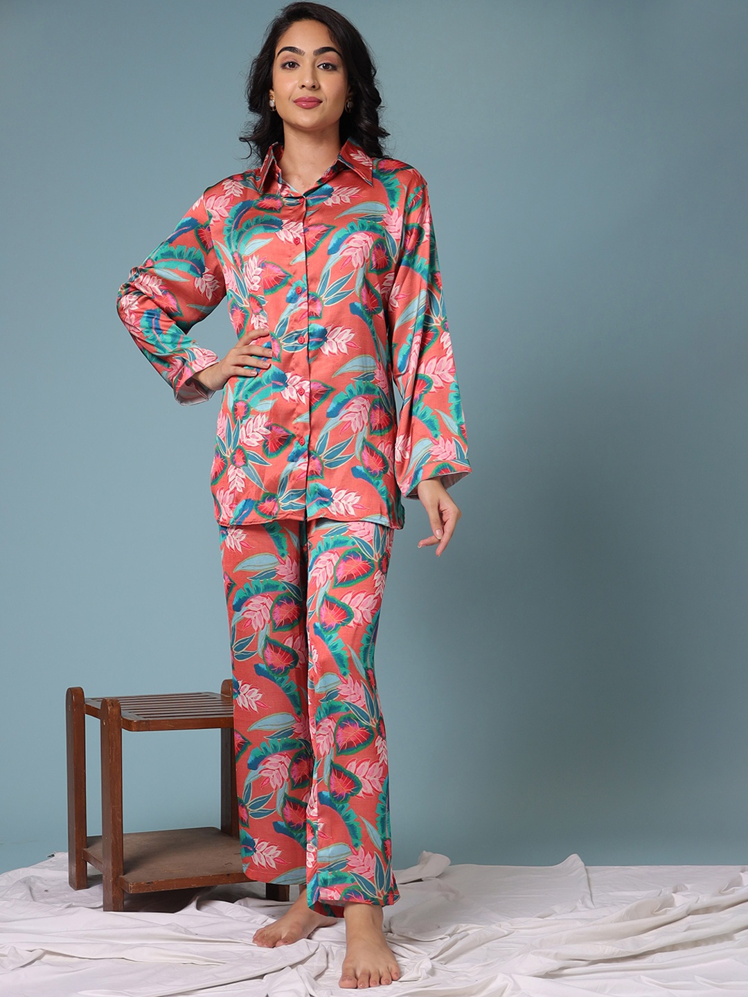 

ZARI Tropical Printed Shirt Collar Shirt With Pyjamas, Orange