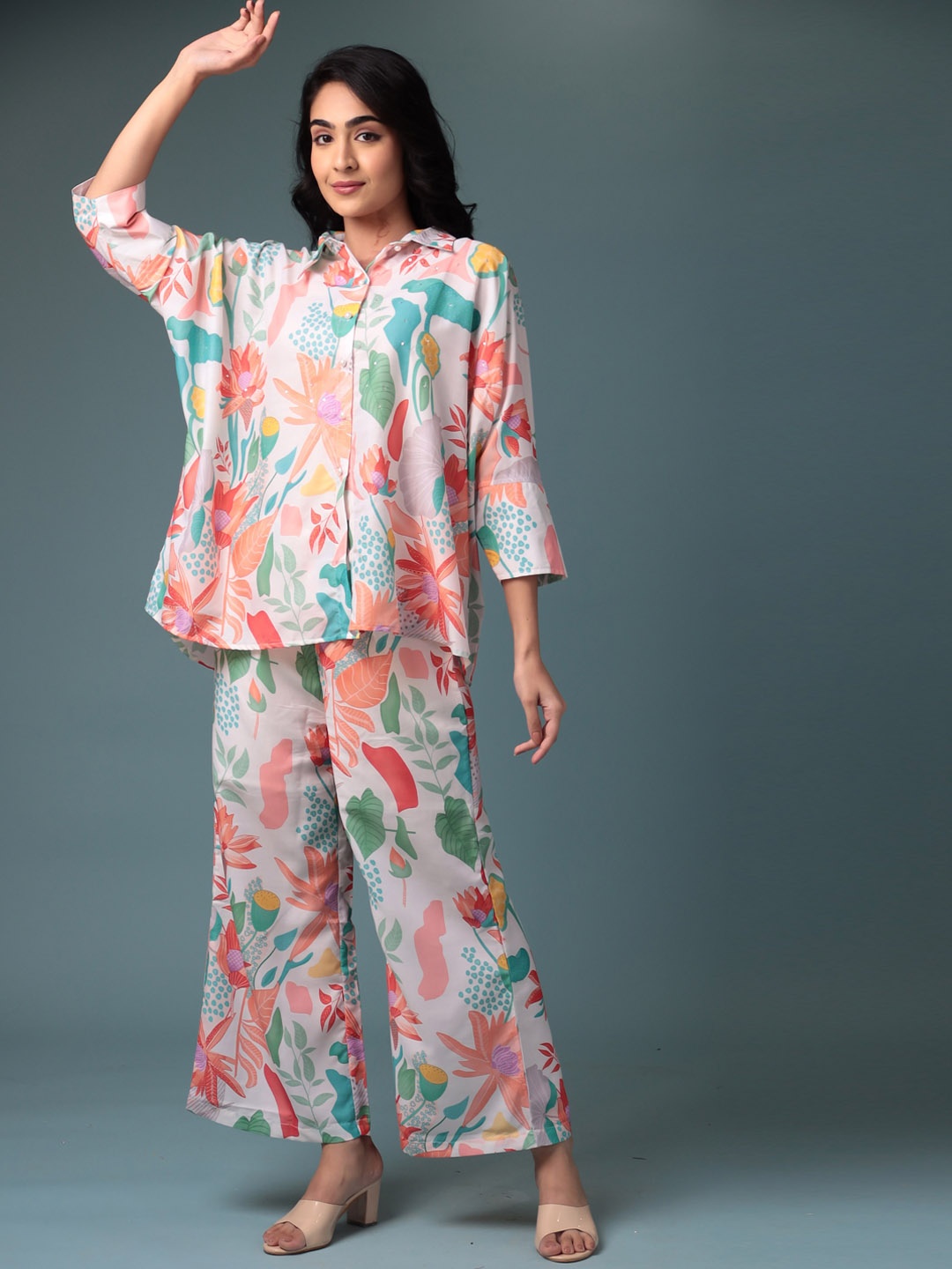 

ZARI Printed Shirt-Collar Shirt With Straight Trouser Co-Ords, White