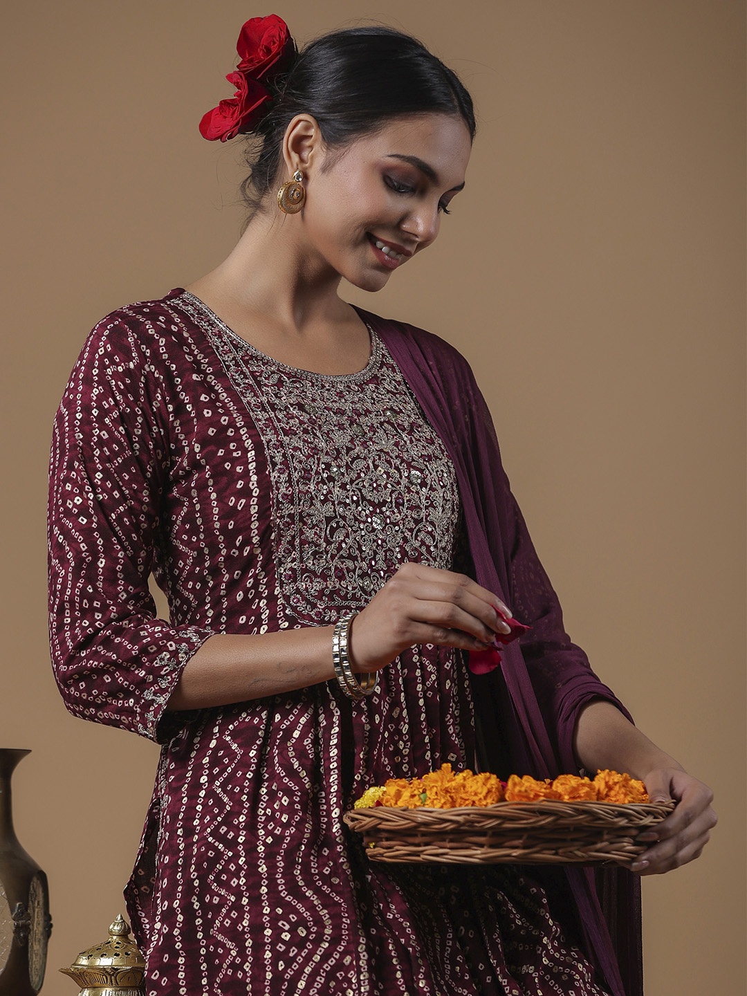 

Indo Era Women Floral Yoke Design Regular Sequinned Kurta with Trousers & Dupatta, Burgundy