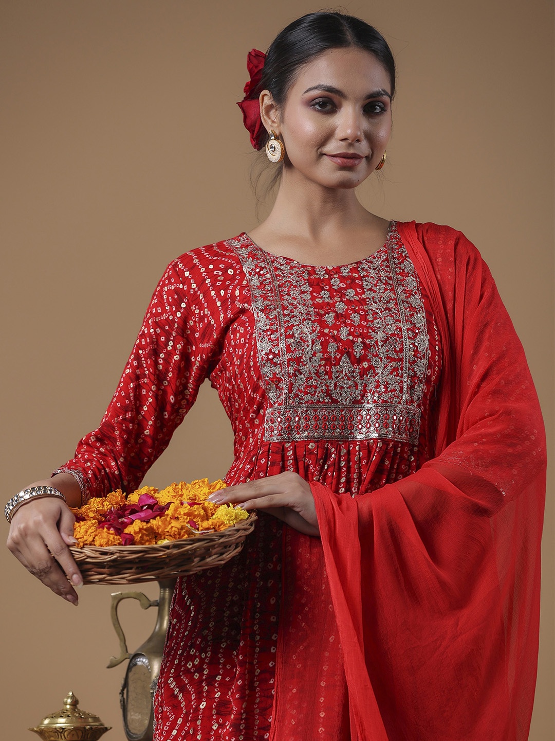 

Indo Era Women Floral Yoke Design Regular Sequinned Kurta with Trousers & With Dupatta, Red