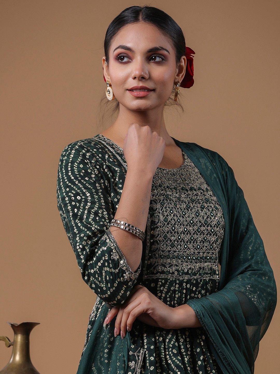 

Indo Era Women Floral Yoke Design Regular Mirror Work Kurta with Trousers & Dupatta, Green