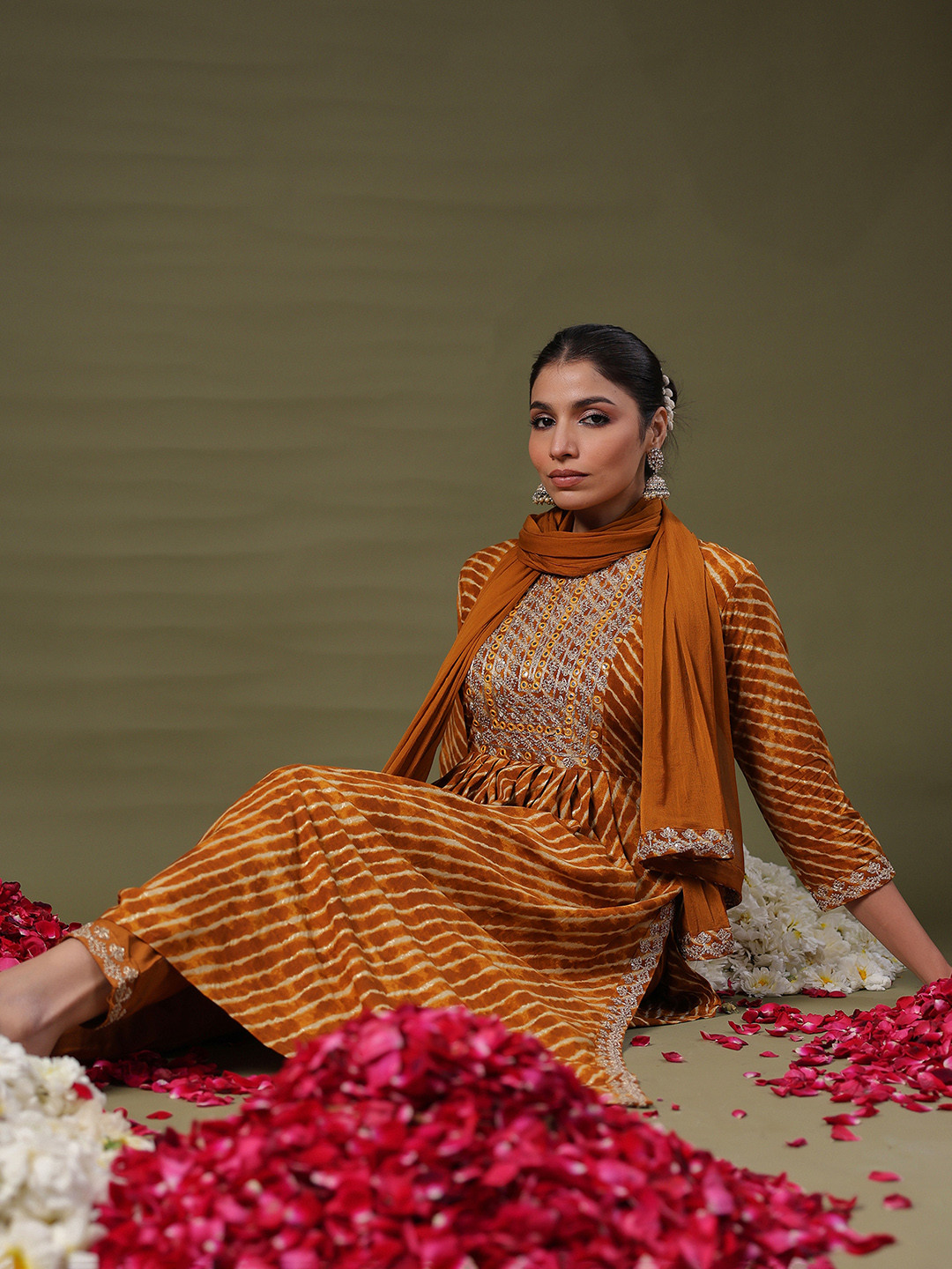 

Indo Era Women Floral Yoke Design Regular Mirror Work Kurta with Trousers & Dupatta, Mustard