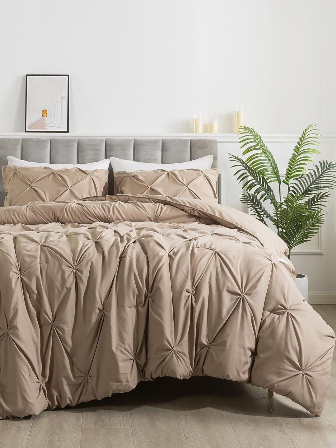 

THE WHITE MOSS Marquis Luxurious Pinch Pleated King AC Room Comforter & 2 Pillow Covers, Taupe