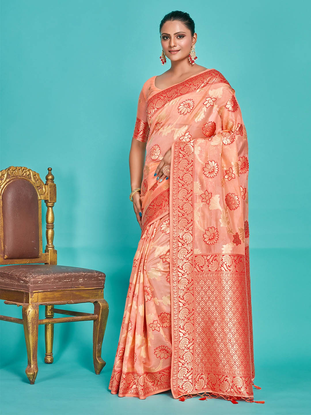 

MIMOSA Ethnic Motifs Woven Design Zari Banarasi Saree, Peach