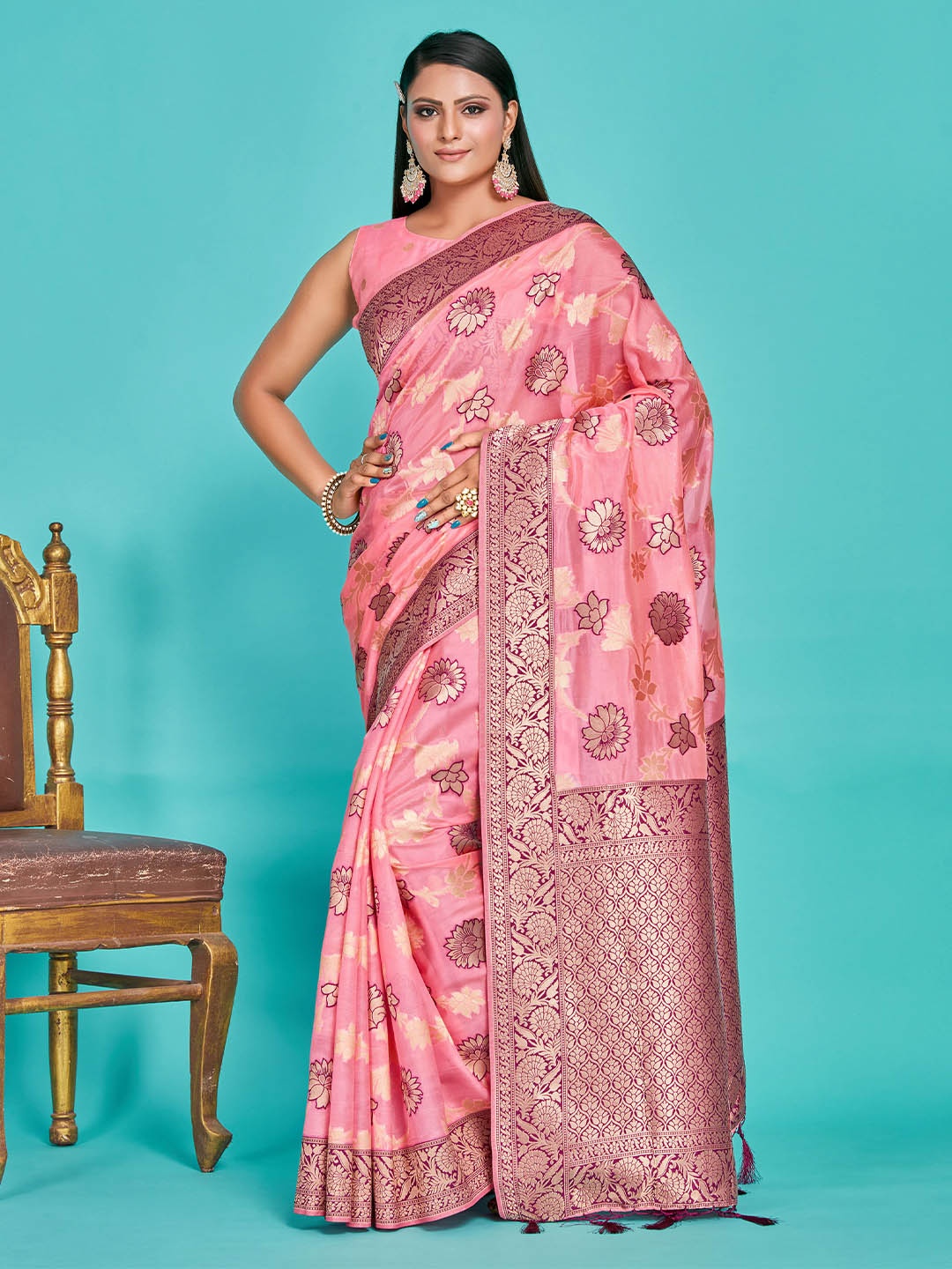 

MIMOSA Ethnic Motifs Woven Design Zari Detail Banarasi Saree, Pink