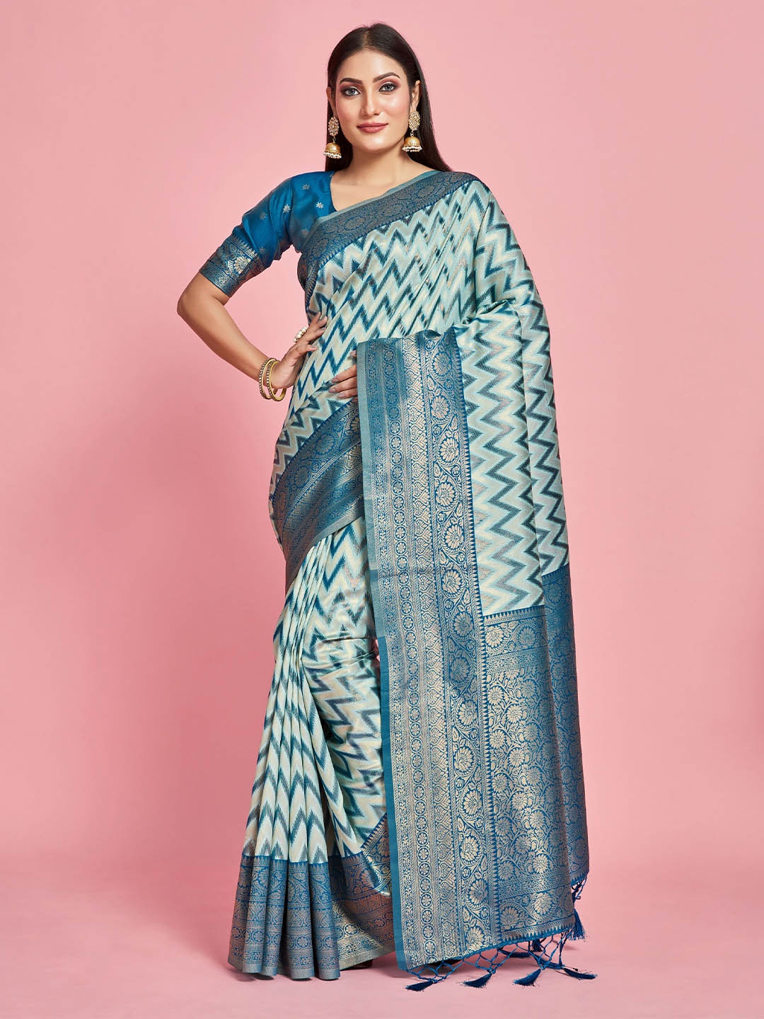 

MIMOSA Ethnic Motifs Woven Design Zari Kanjeevaram Saree, Turquoise blue