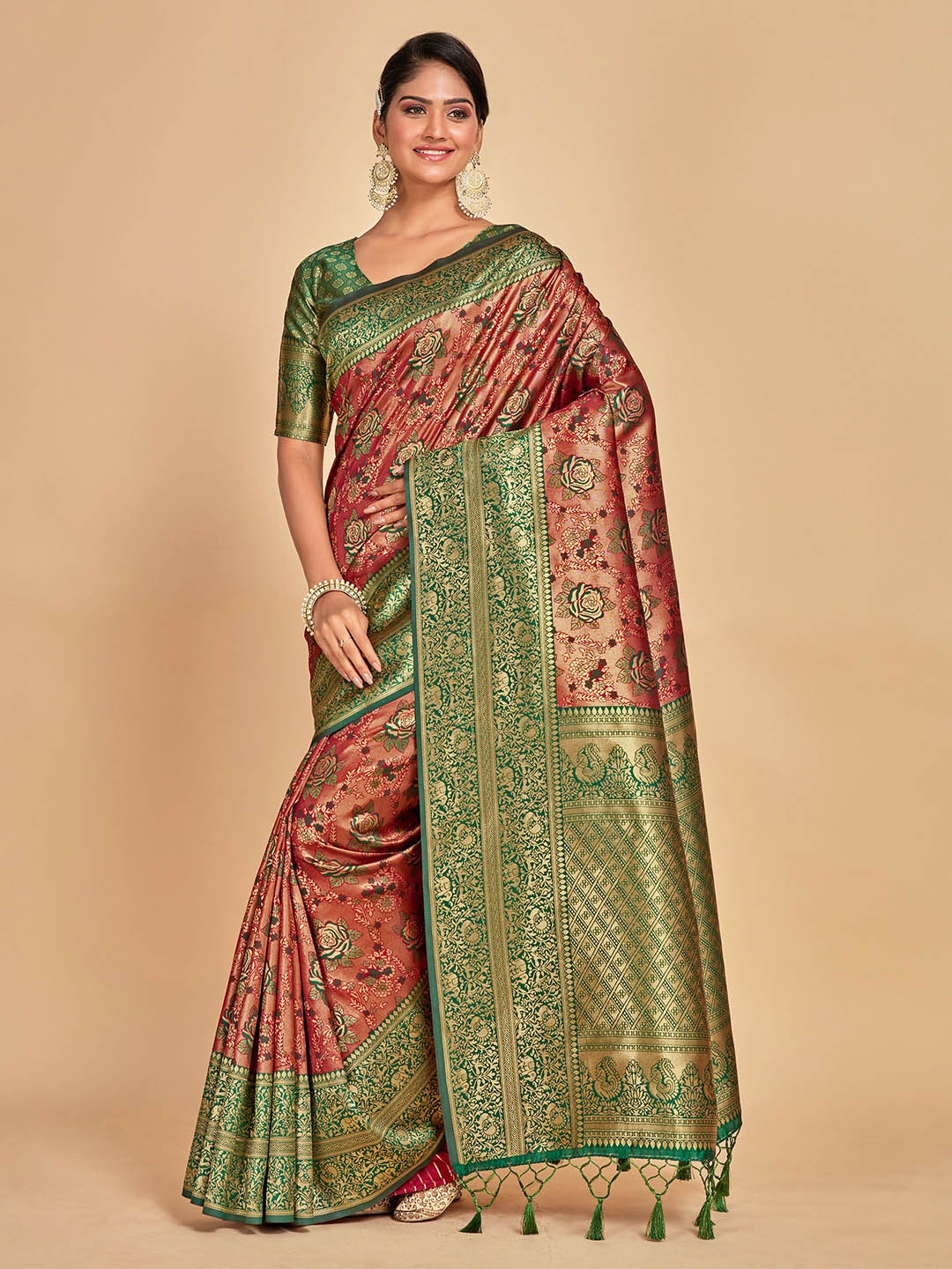 

MIMOSA Ethnic Motifs Printed Zari Kanjeevaram Saree, Maroon