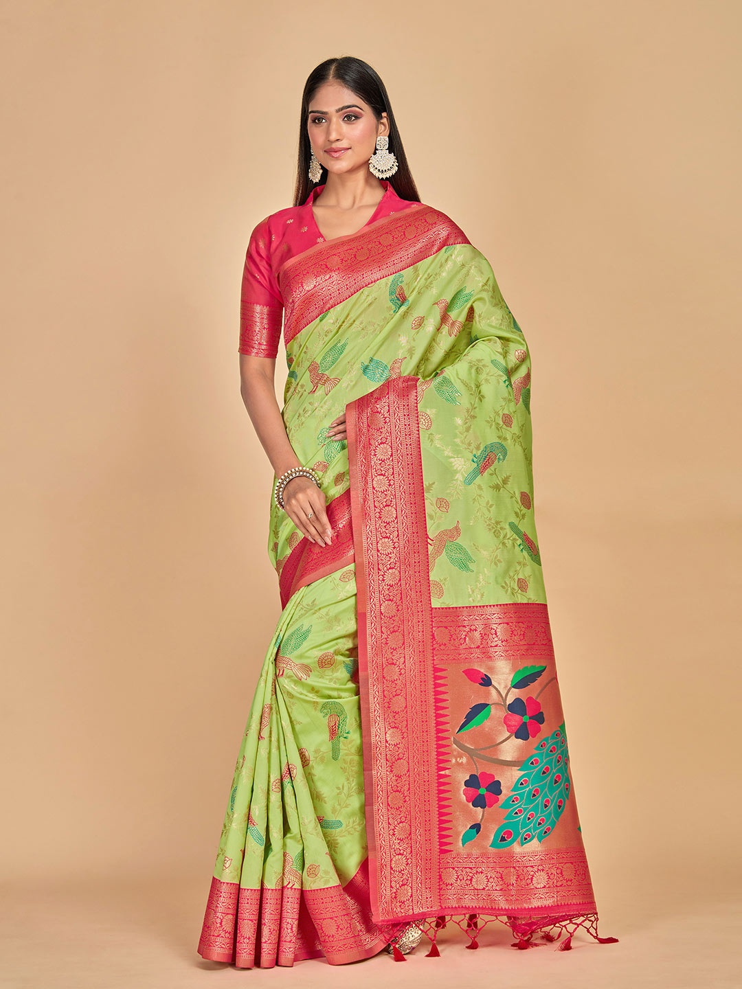 

MIMOSA Ethnic Motifs Woven Design Zari Banarasi Saree, Lime green