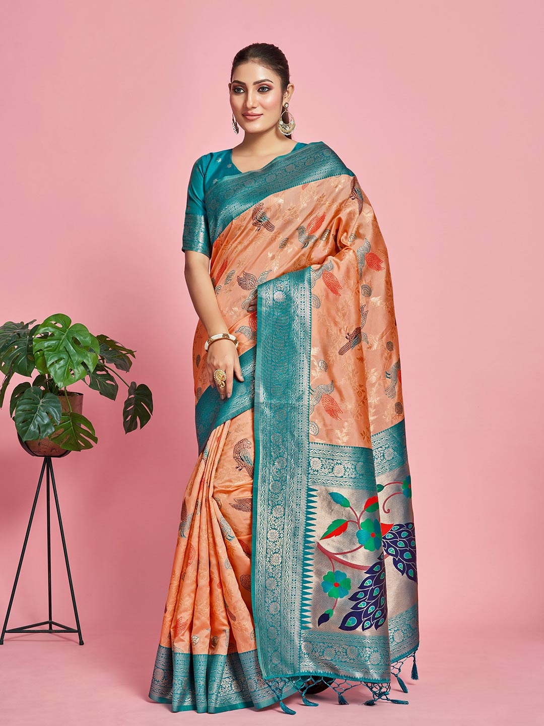 

MIMOSA Floral Woven Design Zari Banarasi Saree, Peach