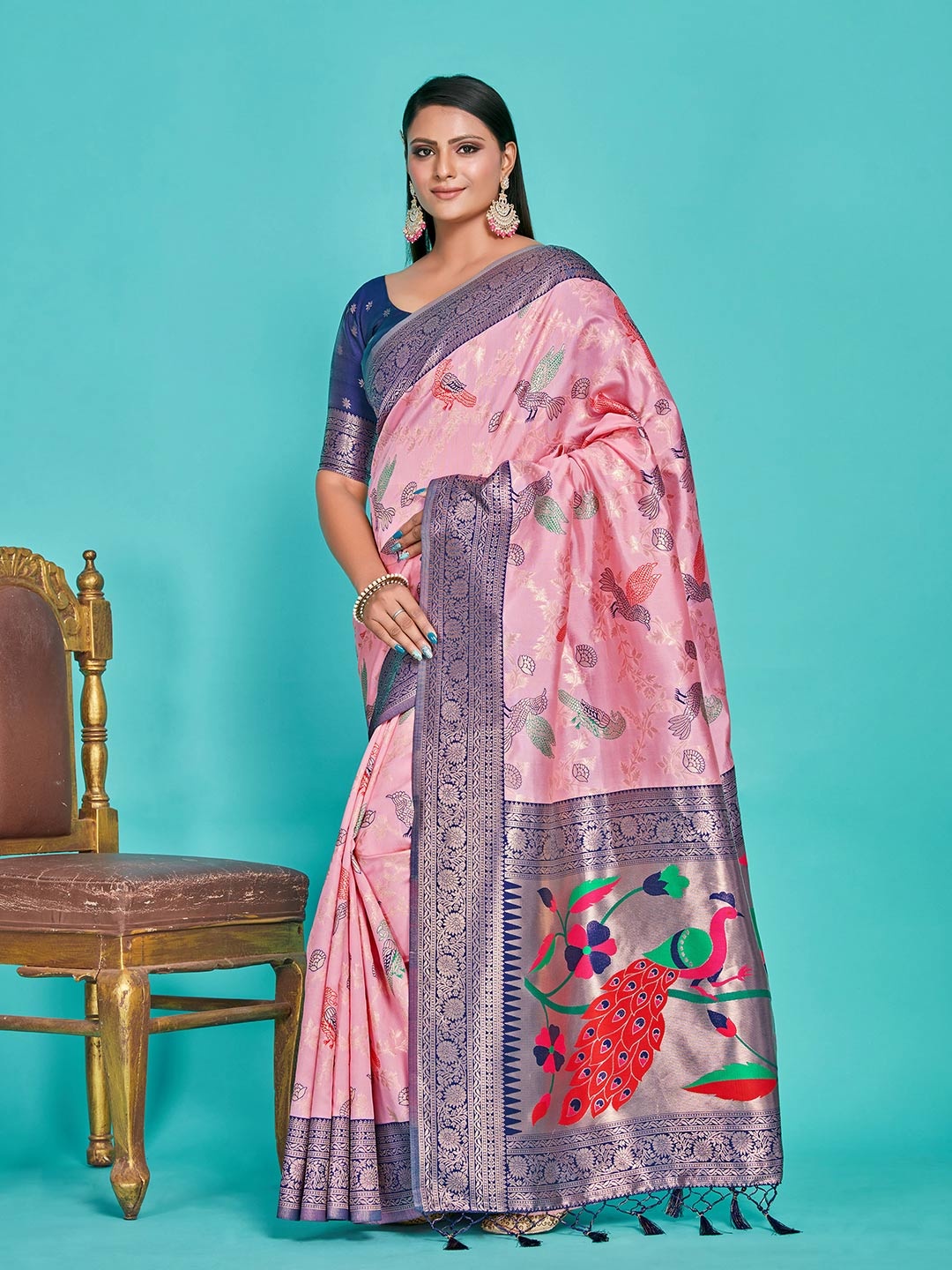 

MIMOSA Ethnic Motifs Printed Zari Banarasi Saree, Pink