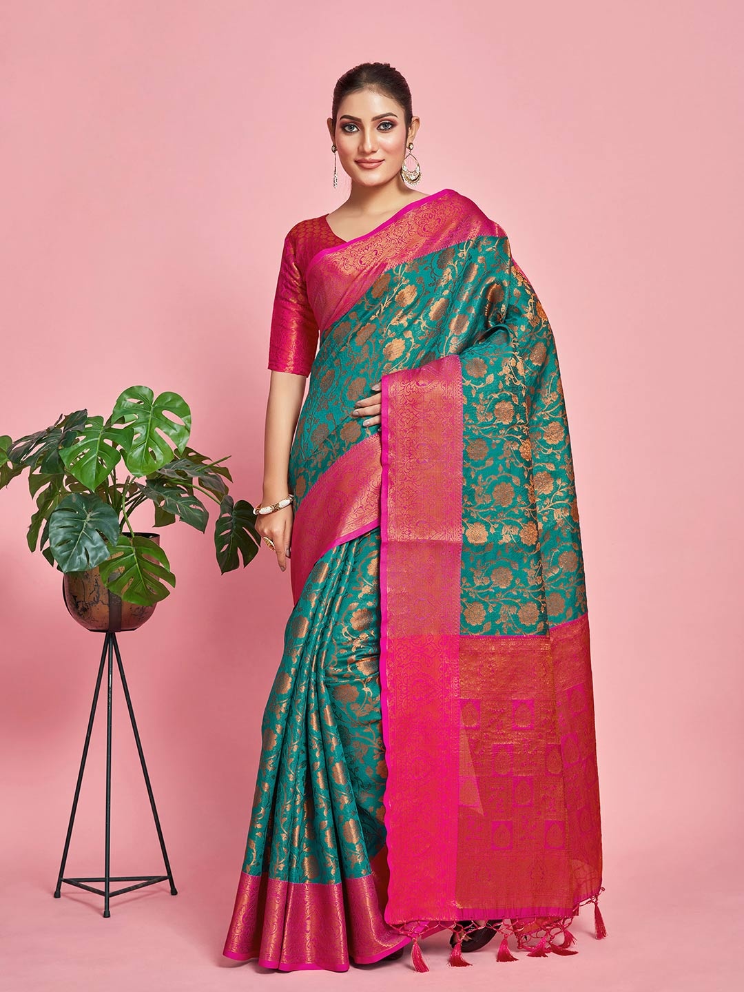 

MIMOSA Woven Design Zari Kanjeevaram Saree, Turquoise blue