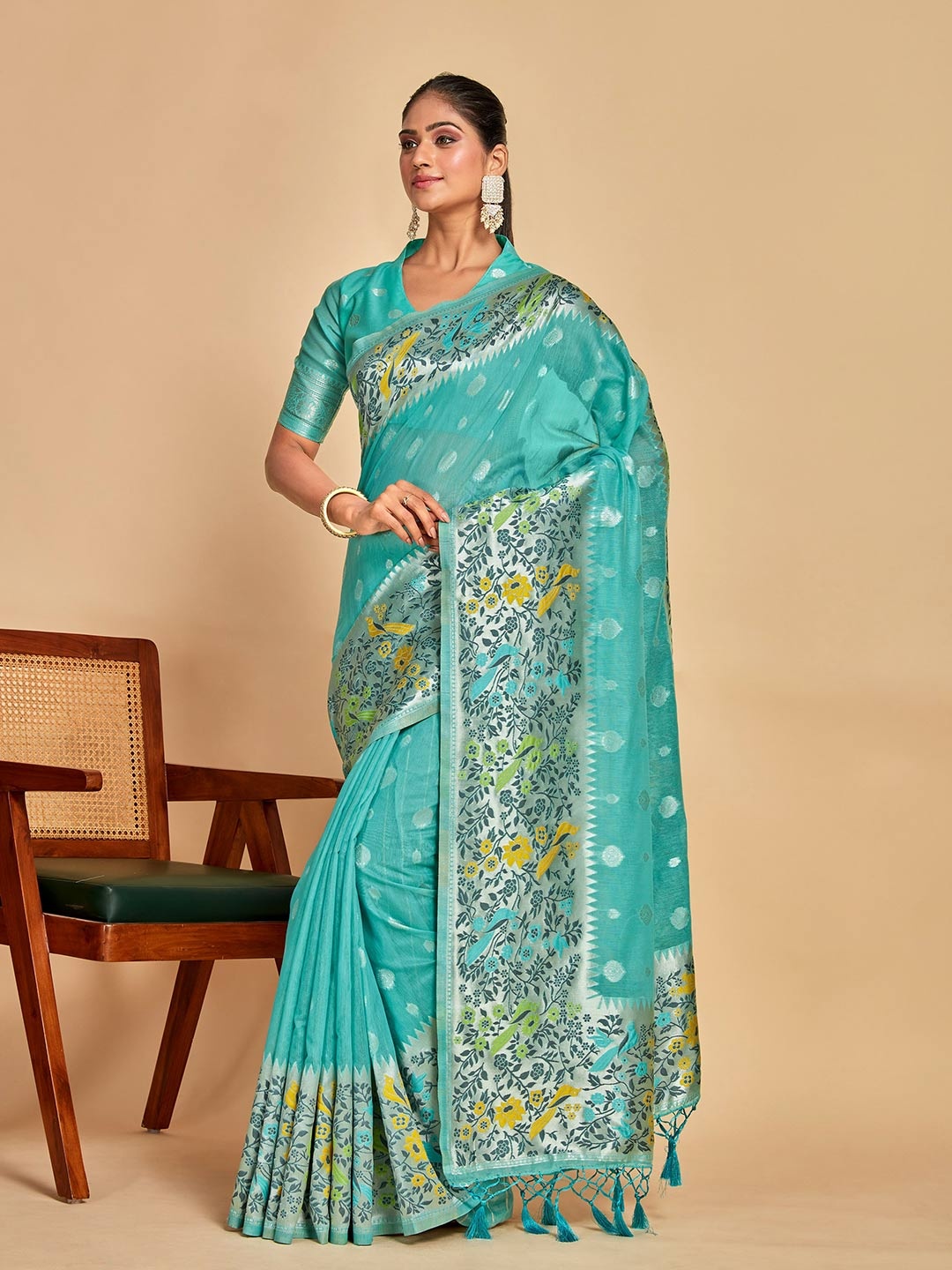 

MIMOSA Ethnic Motifs Woven Design Zari Detail Banarasi Saree, Turquoise blue