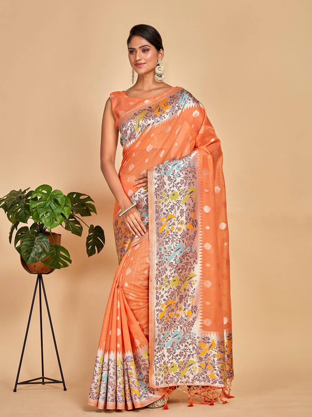 

MIMOSA Ethnic Motifs Woven Design Zari Detail Banarasi Saree, Peach