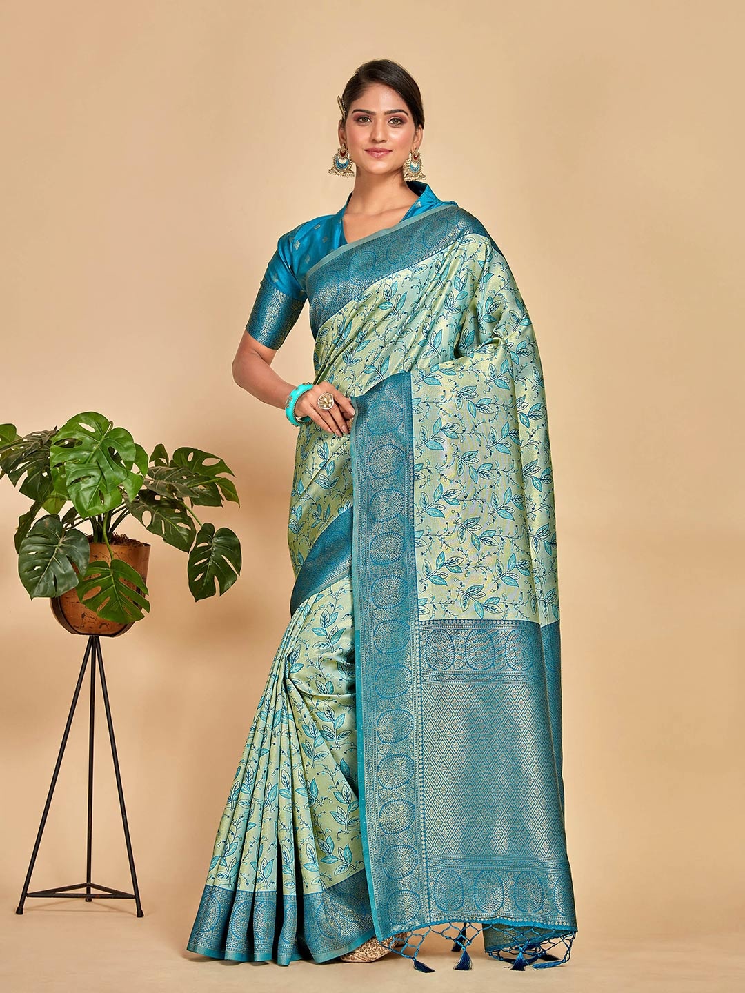 

MIMOSA Floral Woven Design Zari Banarasi Saree, Turquoise blue