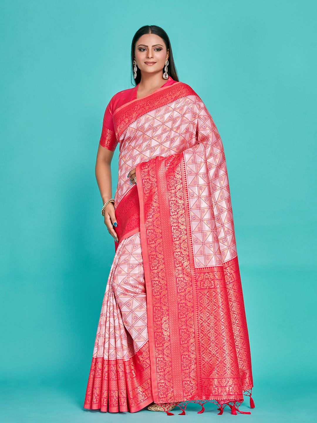 

MIMOSA Ethnic Motifs Woven Design Zari Detail Kanjeevaram Saree, Pink