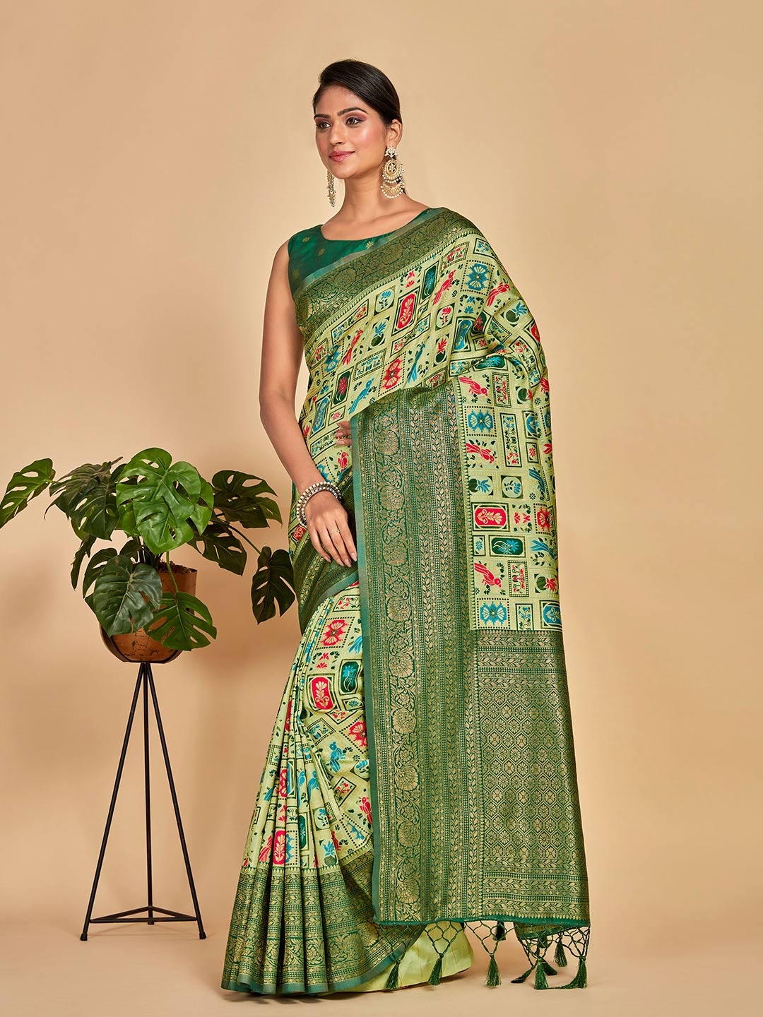 

MIMOSA Kalamkari Zari Kanjeevaram Saree, Green