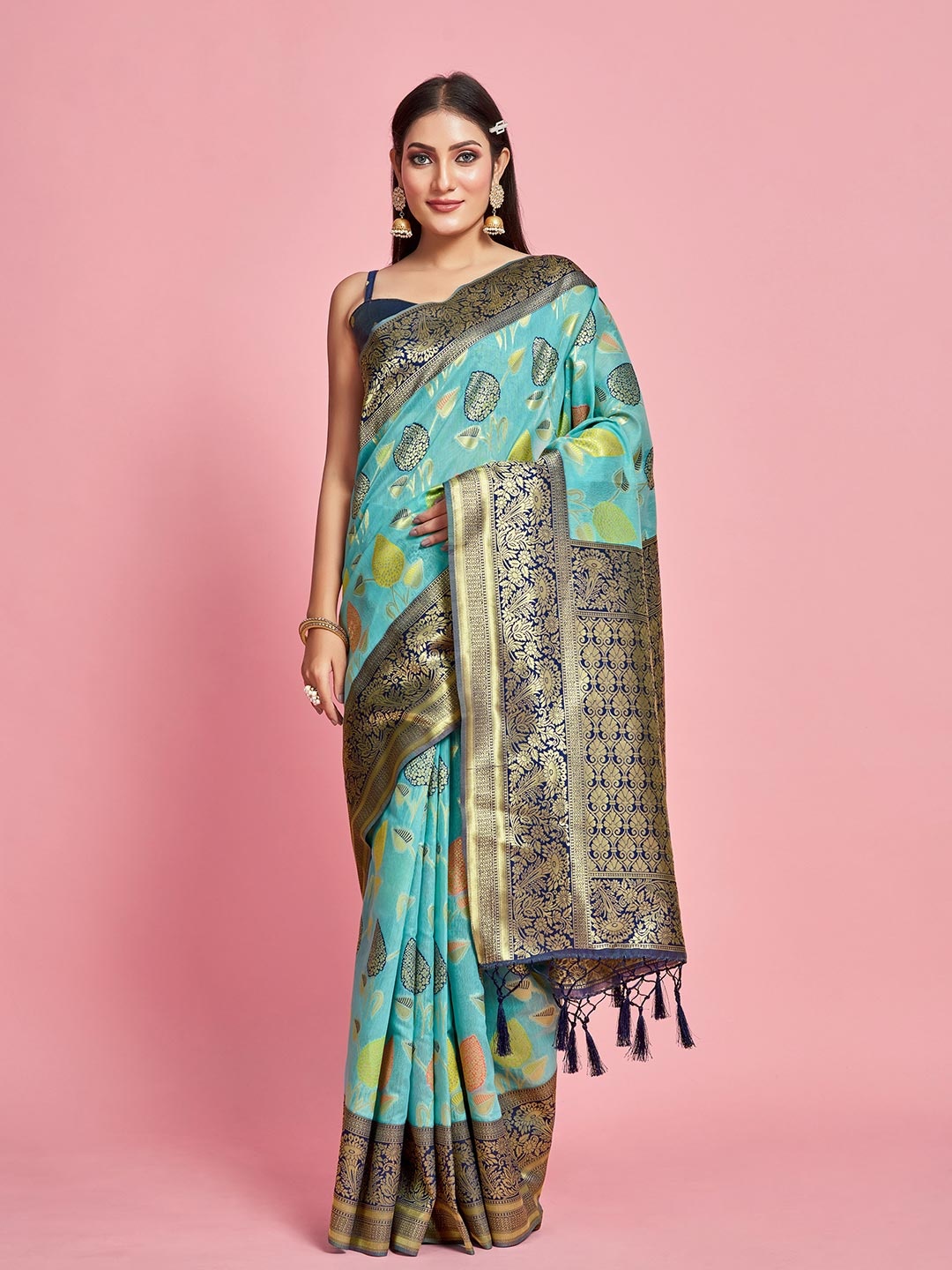 

MIMOSA Ethnic Motifs Woven Design Zari Linen Blend Kanjeevaram Saree, Turquoise blue