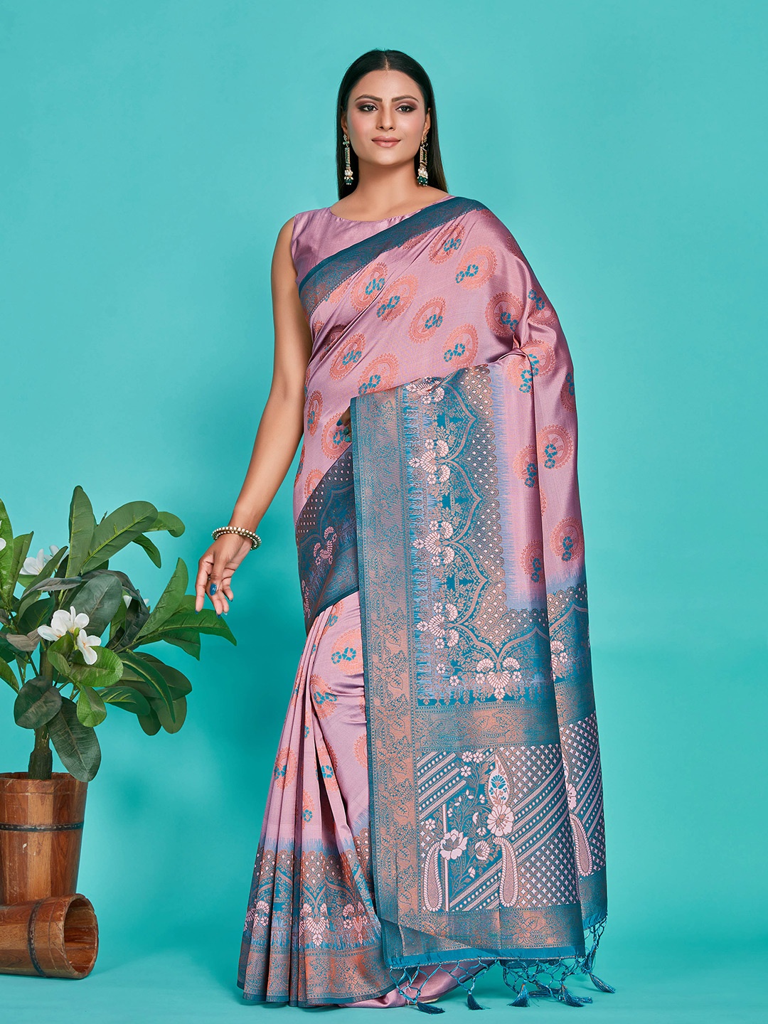 

MIMOSA Ethnic Motifs Woven Design Zari Kanjeevaram Saree, Pink