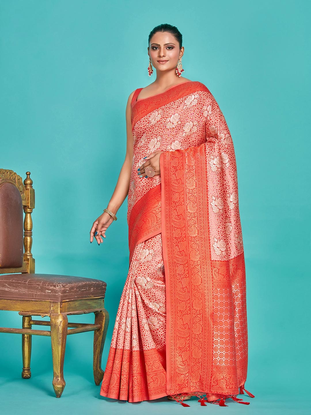 

MIMOSA Ethnic Motifs Woven Design Zari Kanjeevaram Saree, Peach