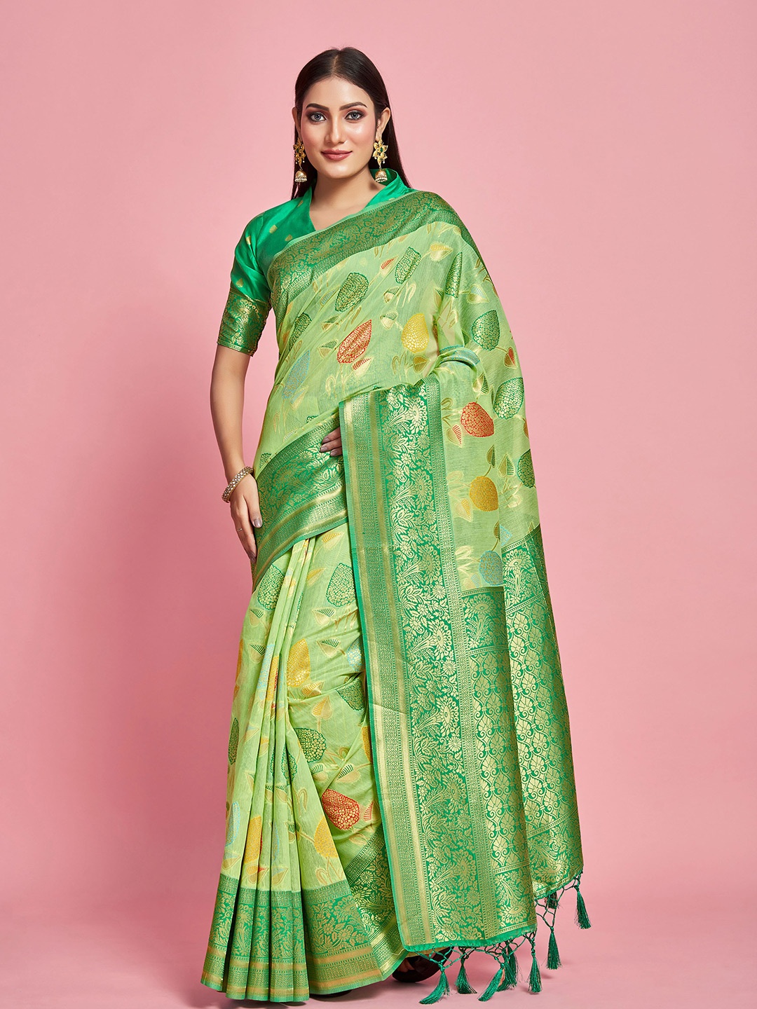 

MIMOSA Woven Design Zari Linen Blend Kanjeevaram Saree, Lime green