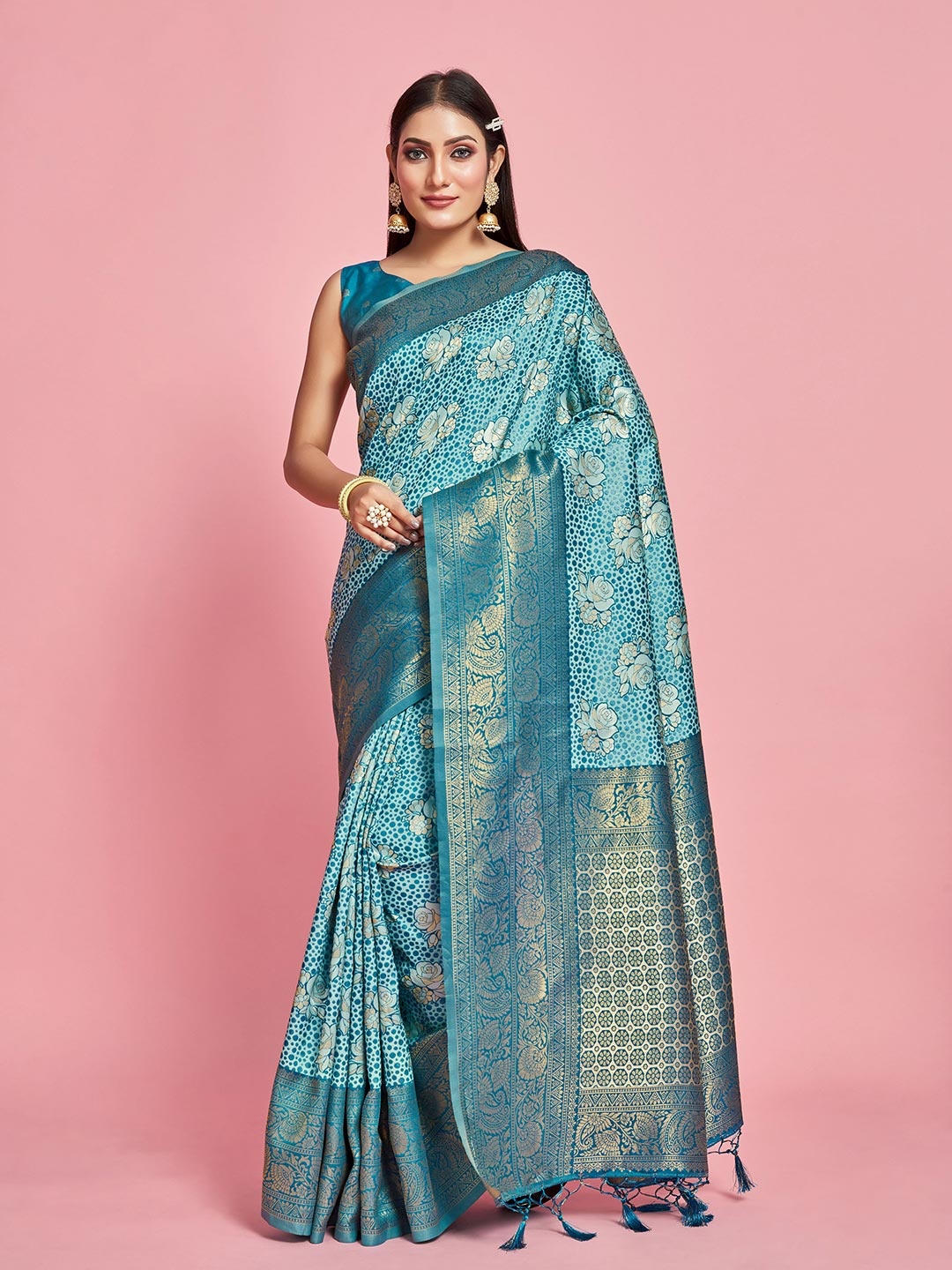 

MIMOSA Woven Design Zari Art Silk Kanjeevaram Saree, Turquoise blue